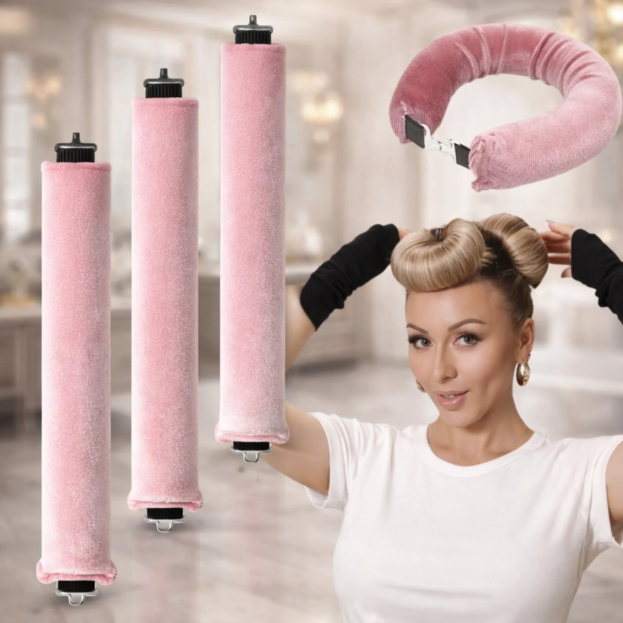 3 rouleaux, bigoudis roses pour des boucles sans chaleur. Une femme qui vient d'installer les bigoudis sur sa tête