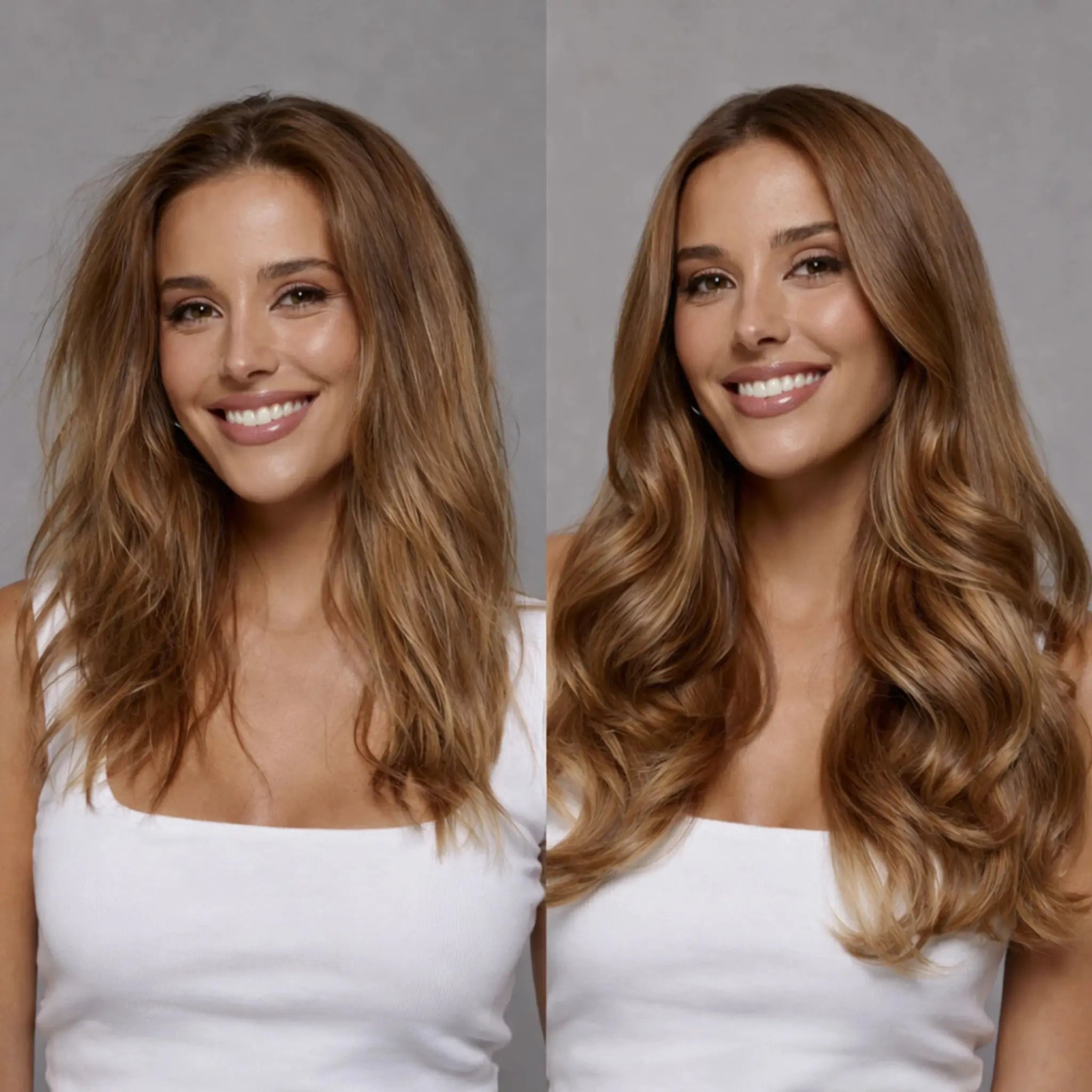 jeune femme souriante avec les cheveux naturel d'un côté qui est le avant et l'autre côté les cheveux bien coiffés avec de belles boucles qui montrent le après utilisation de la brosse chauffante LumyHair.